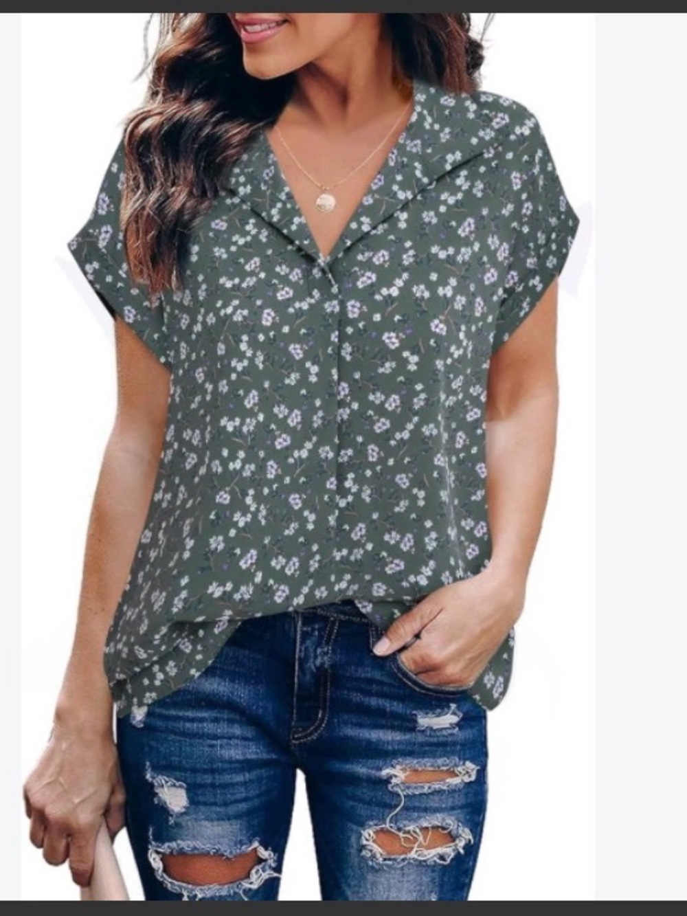 bp Olive Floral Short Sleeve Button V-Neck Blouse